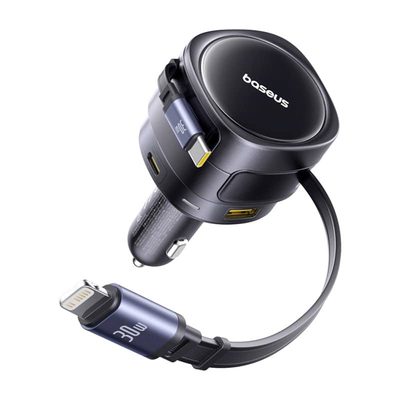 Φορτιστής αυτοκινήτου Baseus Enjoyment Max με καλώδια USB-C+Lightning και θύρες USB-A+USB-C 90W Μαύρο - Image 2