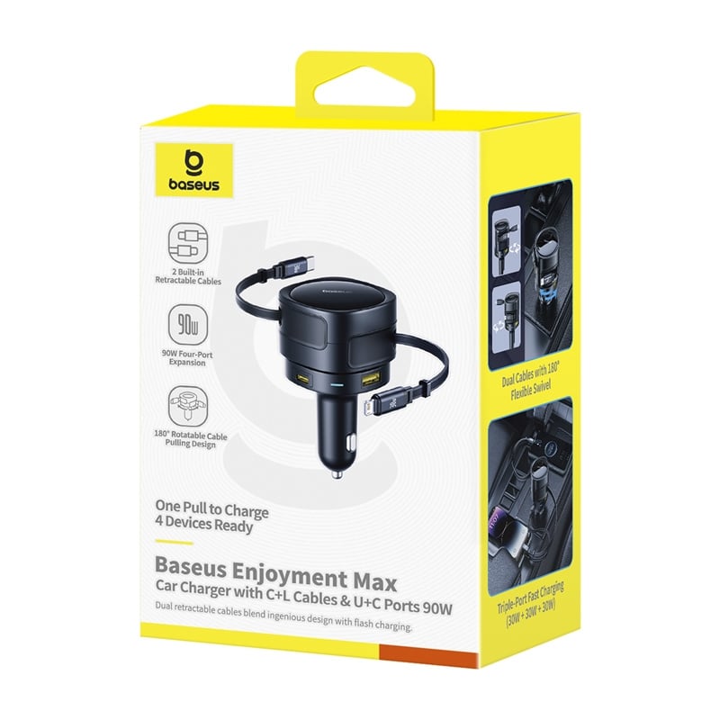 Φορτιστής αυτοκινήτου Baseus Enjoyment Max με καλώδια USB-C+Lightning και θύρες USB-A+USB-C 90W Μαύρο - Image 4