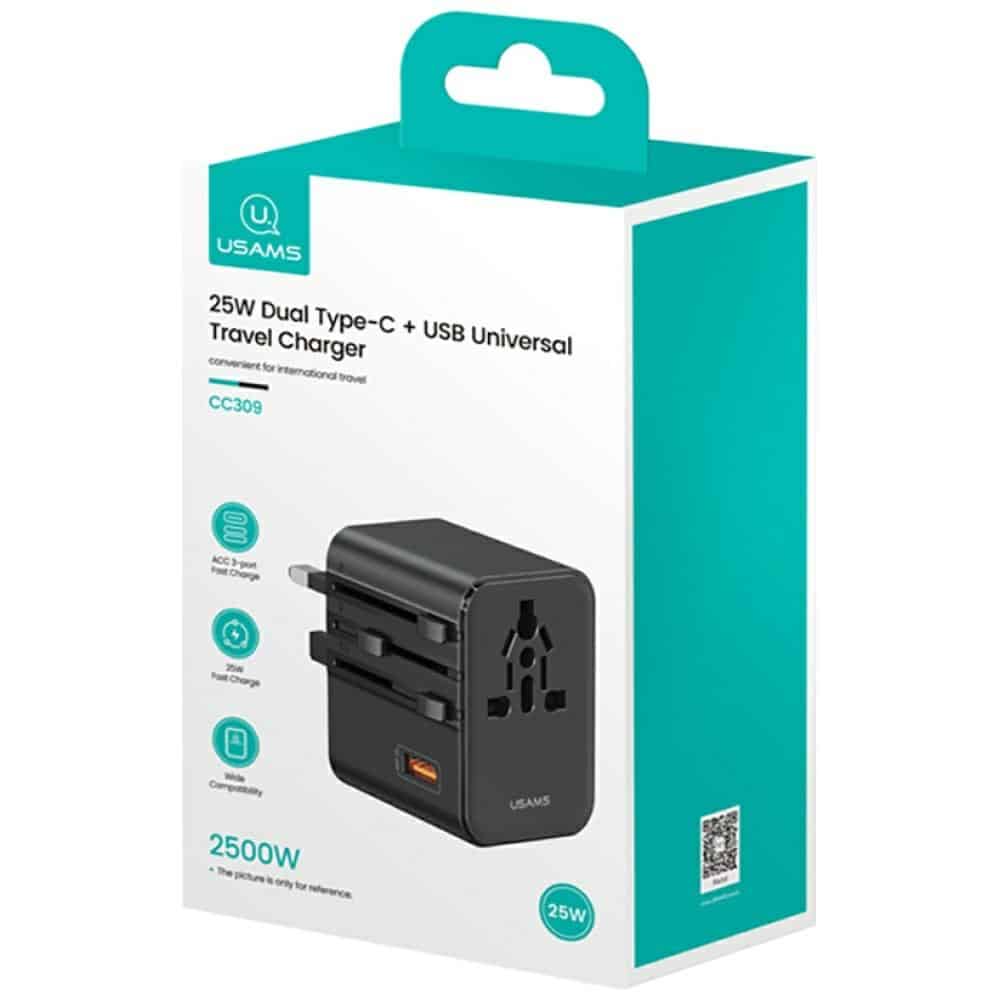 Προσαρμογέας φορτιστή ταξιδιού USAMS CC309 2xUSB-C 25W 4 σε 1 ΗΠΑ/Αυστραλία/ΕΕ/Ηνωμένο Βασίλειο μαύρο - Image 8