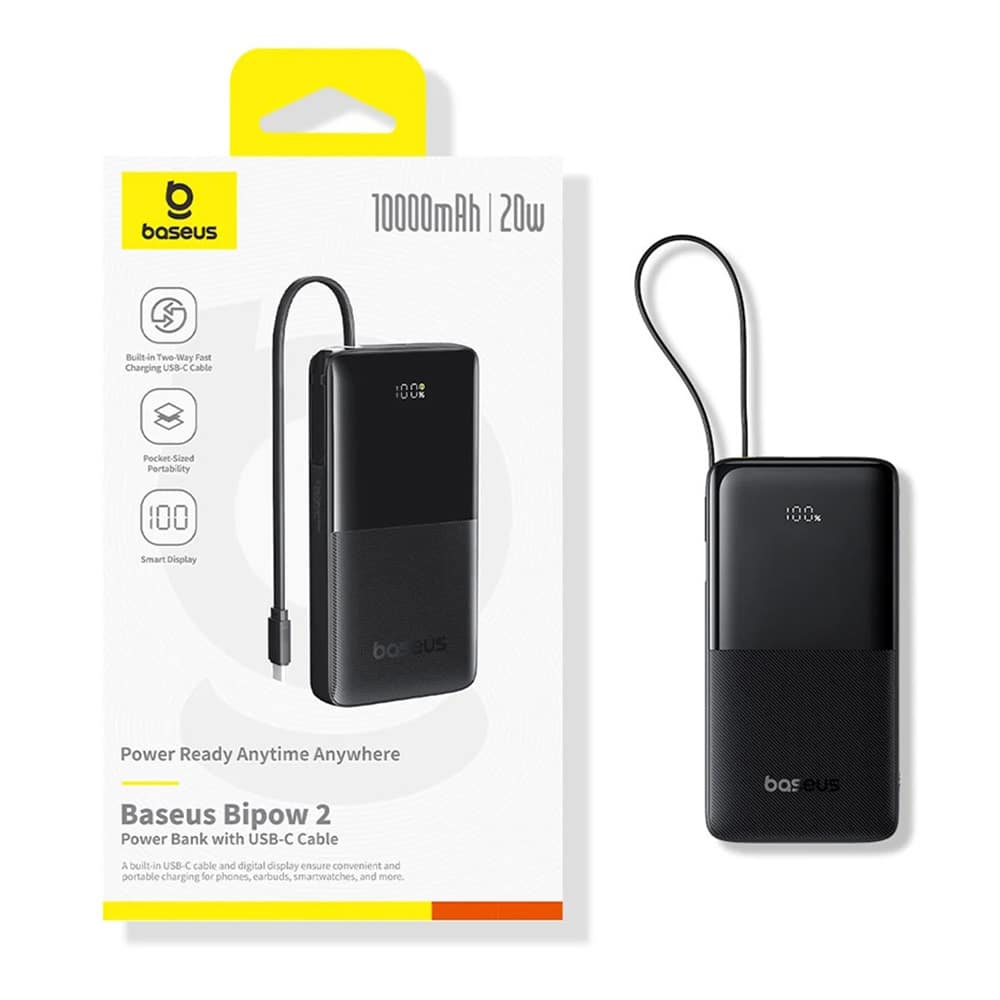 Baseus - Power Bank Bipow 2 (P10077101113-00) - με ενσωματωμένο καλώδιο USB-C, Type-C, USB, Έξυπνη οθόνη, 10000mAh, 20W - Μαύρο - Image 6