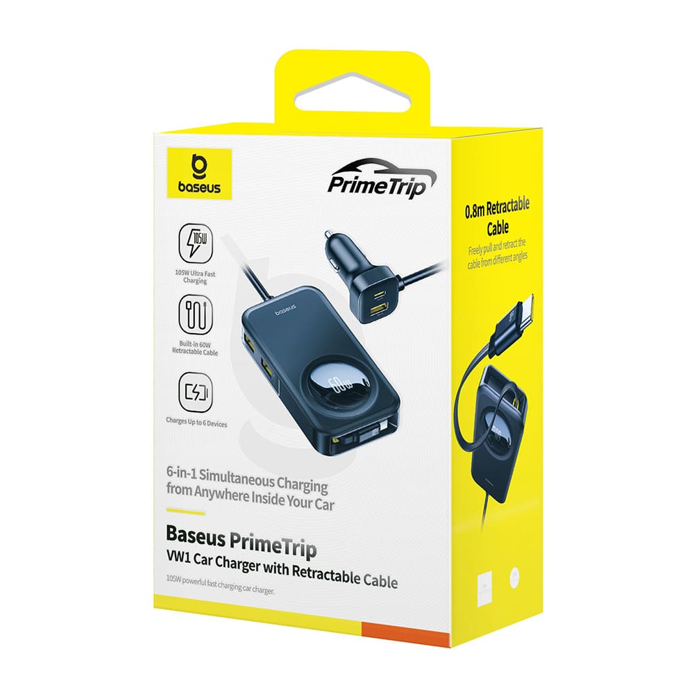 Baseus - Φορτιστής Αυτοκινήτου PrimeTrip VW1 (C00069000121-00) - 3x USB, 3x Type-C, 105W, Γρήγορη Φόρτιση, Καλώδιο Ανασυρόμενου 60W - Μαύρο - Image 12