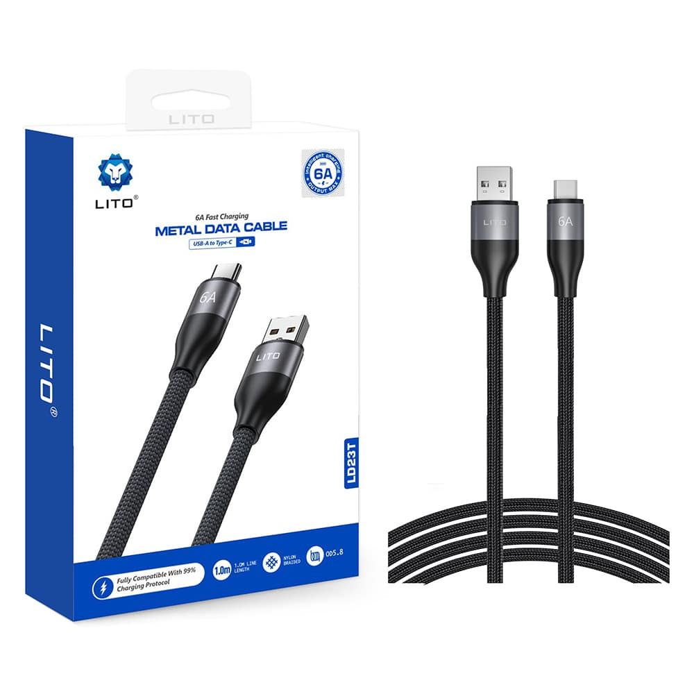 Lito - Καλώδιο δεδομένων (LD23T) - USB σε Type-C, Γρήγορη φόρτιση, Πλεγμένο νάιλον, 6A, 480 Mbps, 1m - Γκρι - Image 8