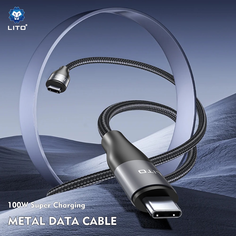 Lito - Καλώδιο δεδομένων (LD25CC) - Type-C σε Type-C, Γρήγορη φόρτιση, Πλεγμένο νάιλον, 100W, 480 Mbps, 2m - Γκρι - Image 2