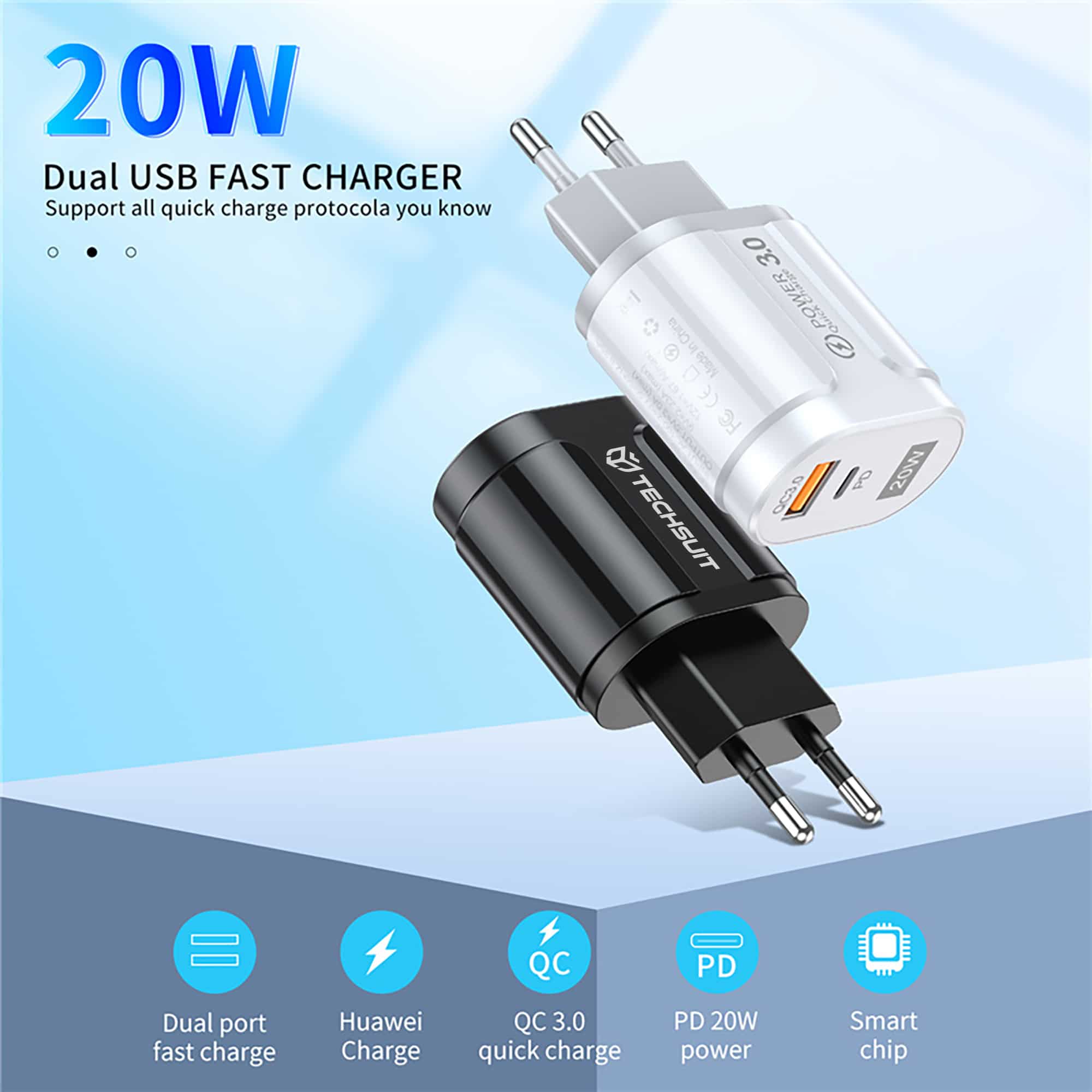 Techsuit - Φορτιστής τοίχου Premium (CHPD038) - USB-A, QC 3.0, USB-C, 20W - Λευκό - Image 6