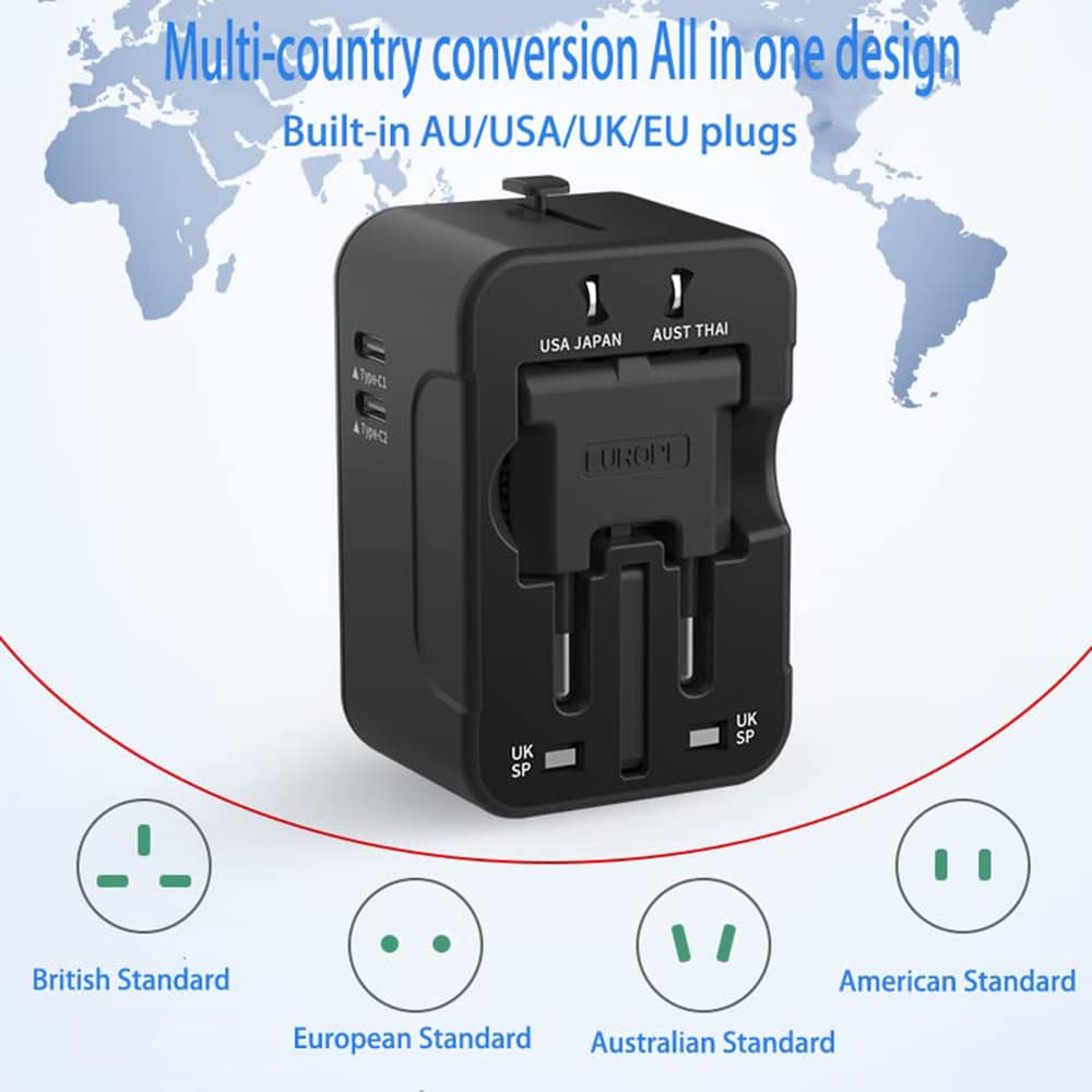 Techsuit - Προσαρμογέας Ταξιδιού (HHT202-2C) - 2 x USB-C, EU, UK, AUS, US - Μαύρο - Image 2
