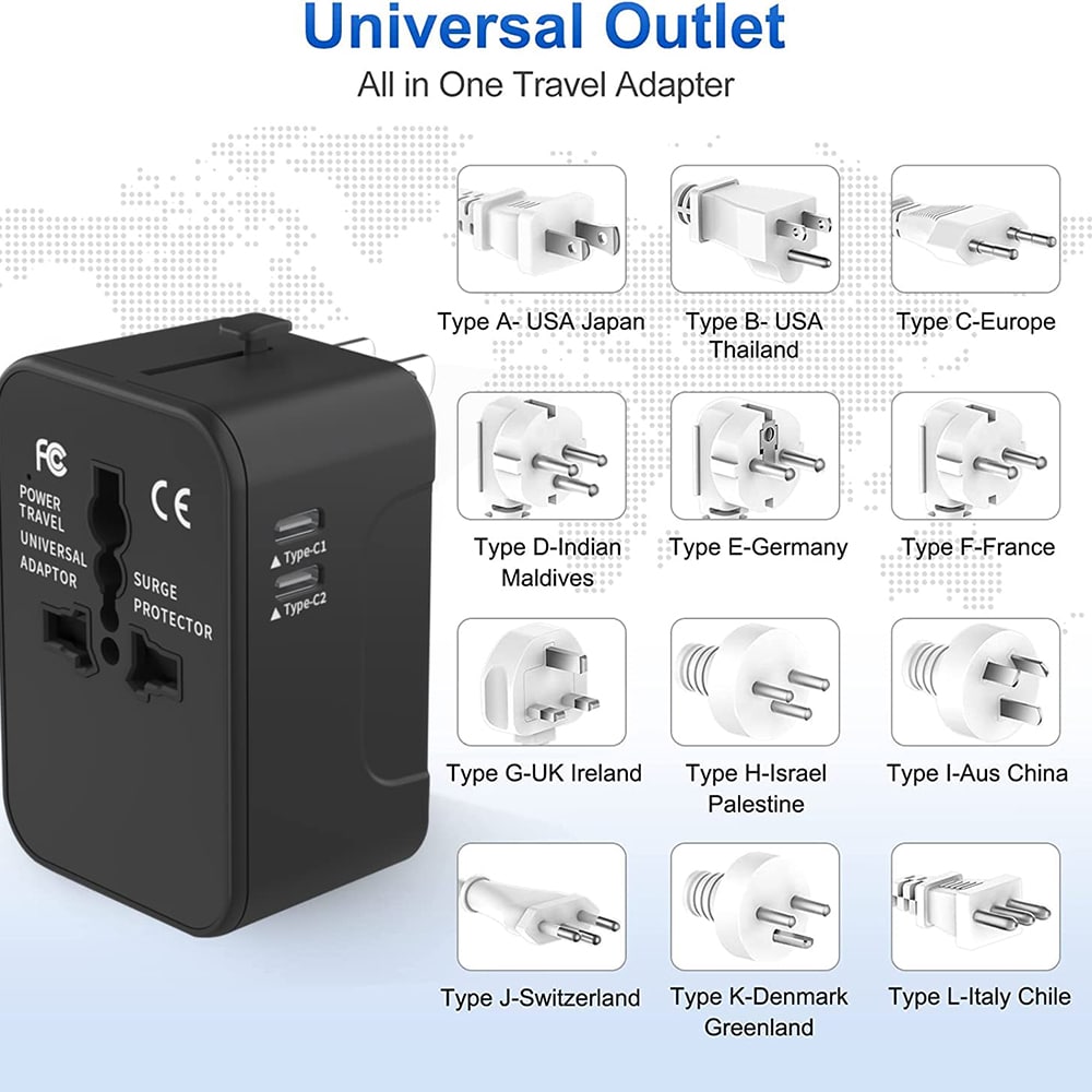 Techsuit - Προσαρμογέας Ταξιδιού (HHT202-2C) - 2 x USB-C, EU, UK, AUS, US - Μαύρο - Image 3