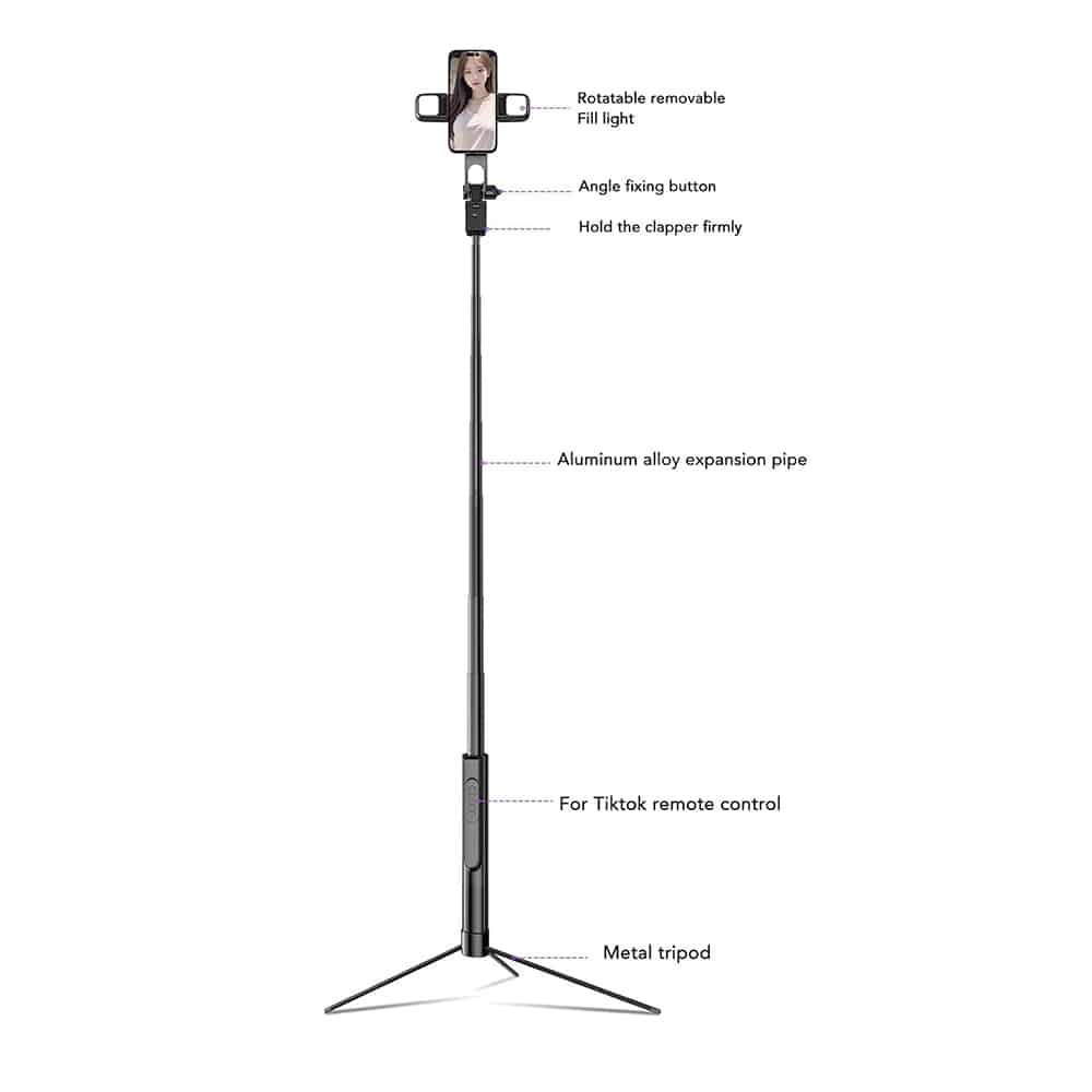 Techsuit - Selfie Stick (K30S) - Compact Tripod Mount, Bluetooth Remote Control, Double LED Light, Foldable, 167cm - Black - Image 2