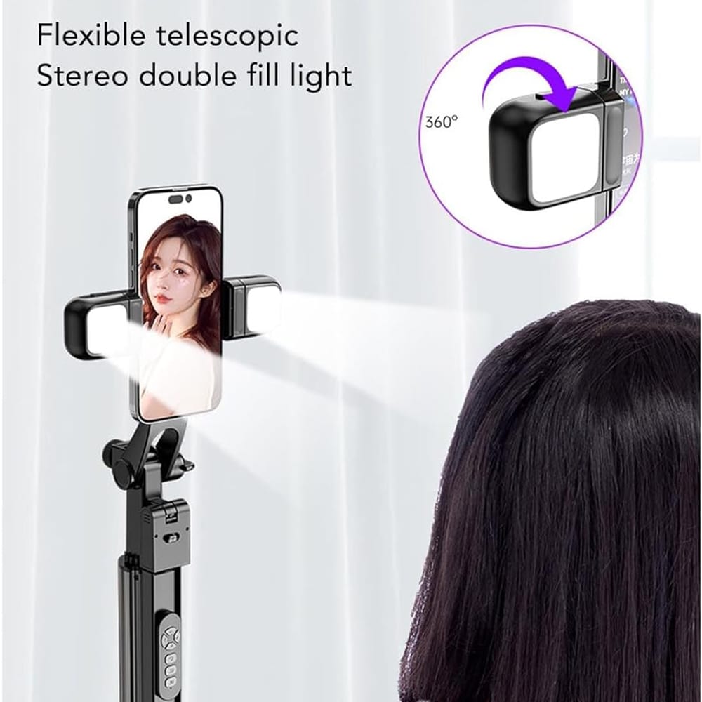 Techsuit - Selfie Stick (K30S) - Compact Tripod Mount, Bluetooth Remote Control, Double LED Light, Foldable, 167cm - Black - Image 4