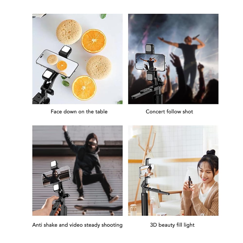 Techsuit - Selfie Stick (K30S) - Compact Tripod Mount, Bluetooth Remote Control, Double LED Light, Foldable, 167cm - Black - Image 5