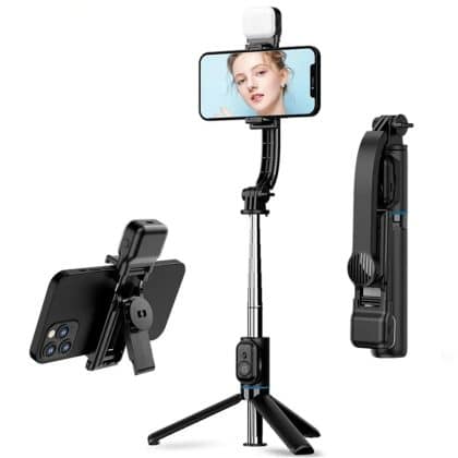 Techsuit - Selfie Stick (C01s) - with Foldable Stable Tripod, Bluetooth Remote Control, Fill Light, 107cm - Black