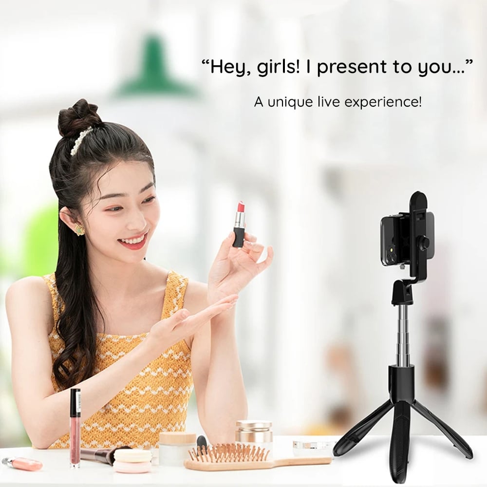 Techsuit - Selfie Stick (S01-S) - Compact Tripod Mount with Bluetooth Remote Control, LED Fill Light, Foldable, 70cm - Black - Image 6
