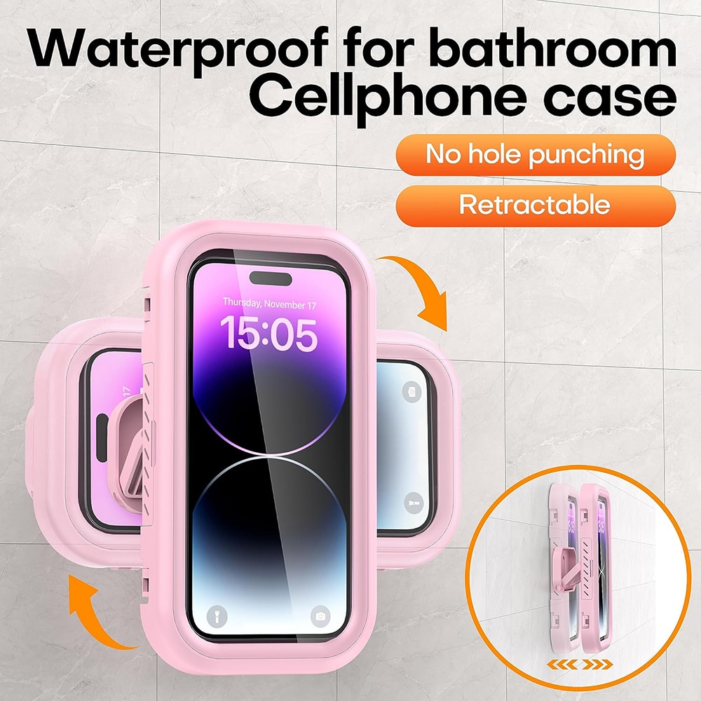 Techsuit - Phone Holder (LC-999) - Wall Box Case, Anti-Fog, Retractable, Adjustable, Waterproof, for 4-7inch Phones - Gold Pink - Image 2