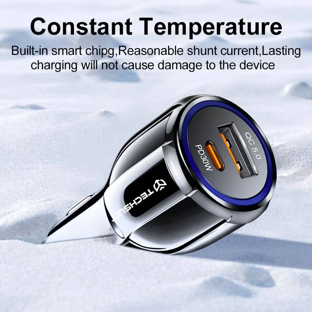 Techsuit - Φορτιστής Αυτοκινήτου Premium (TE-022) - USB-A QC5.0 30W, USB-C PD30W, Συνολικά 60W, Φωτισμός LED - Μαύρο - Image 5