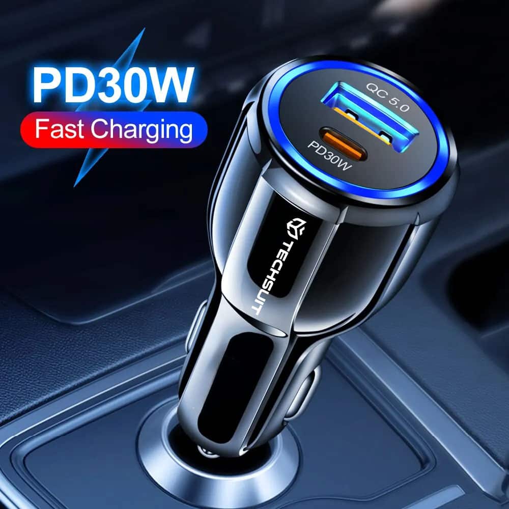 Techsuit - Φορτιστής Αυτοκινήτου Premium (TE-022) - USB-A QC5.0 30W, USB-C PD30W, Συνολικά 60W, Φωτισμός LED - Μαύρο - Image 2
