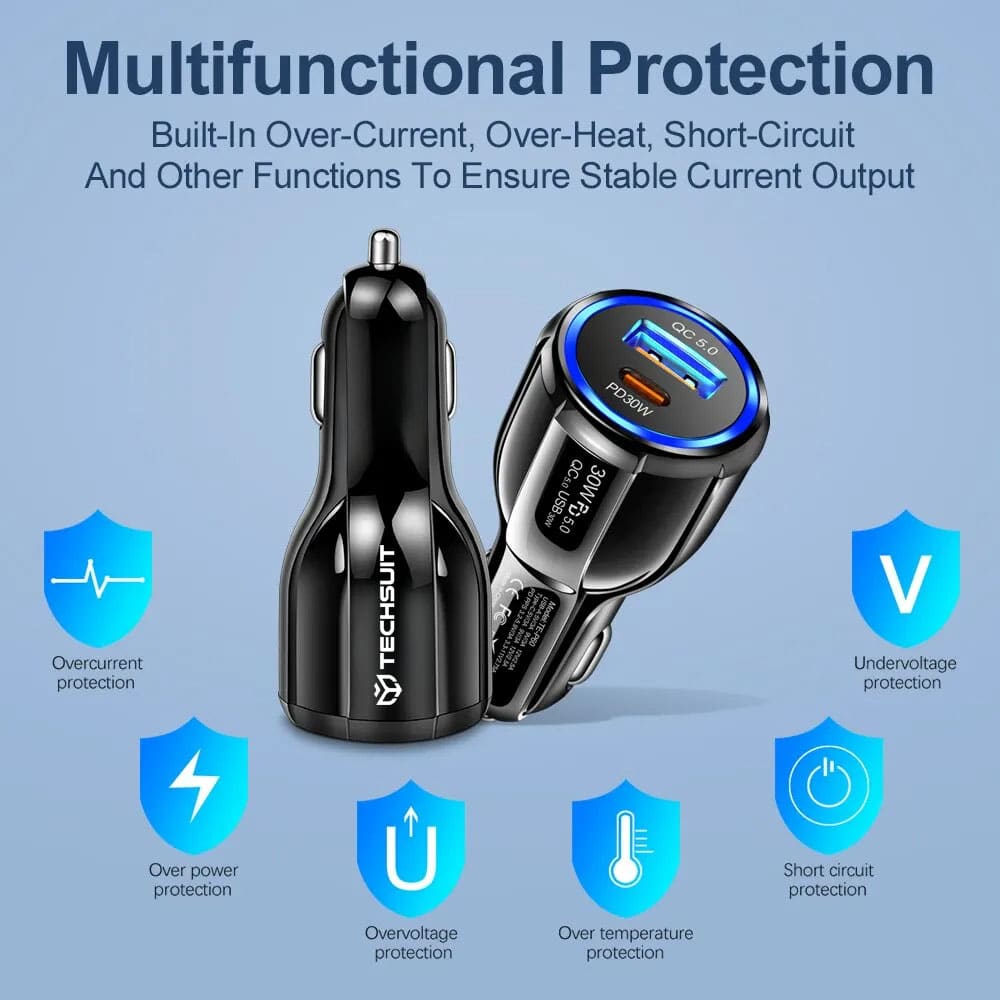 Techsuit - Φορτιστής Αυτοκινήτου Premium (TE-022) - USB-A QC5.0 30W, USB-C PD30W, Συνολικά 60W, Φωτισμός LED - Μαύρο - Image 4