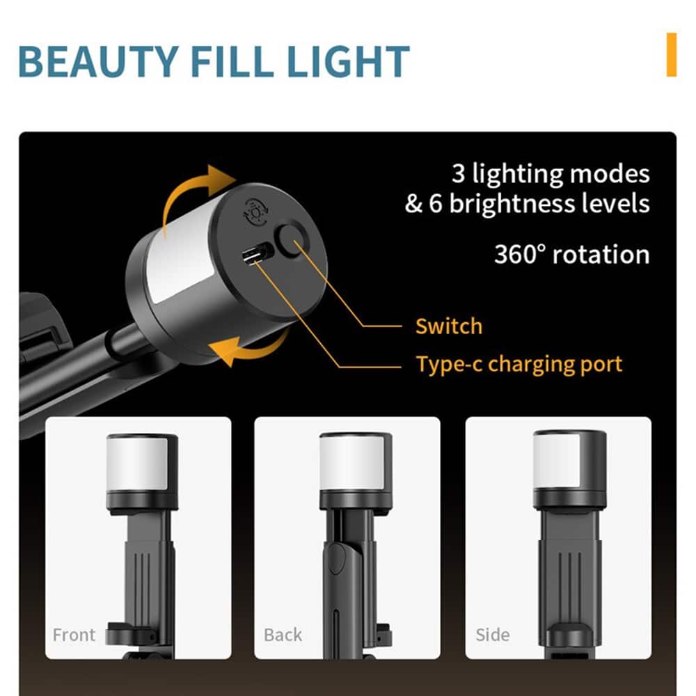 Techsuit - Selfie Stick (Q12S) - Stable Tripod Mount with Bluetooth Remote and LED Light, 75cm - Black - Image 7