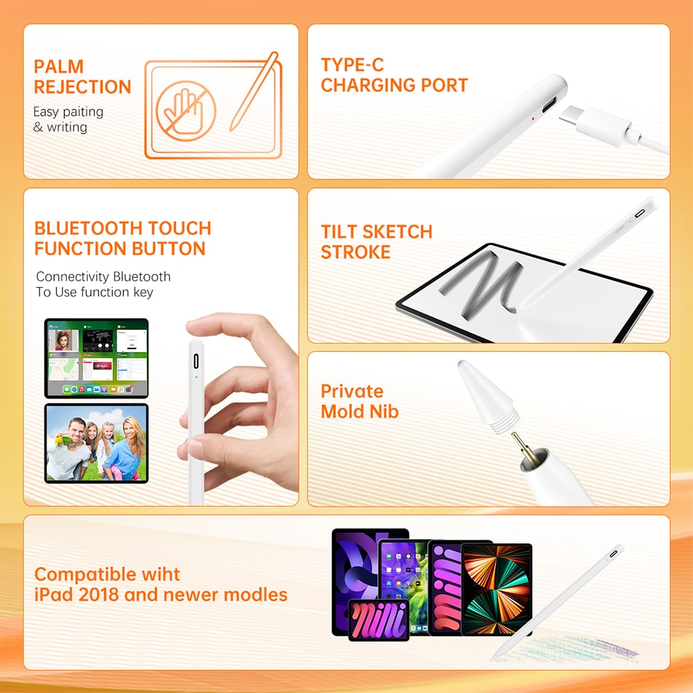 Techsuit Stylus Pen για Tablet, Bluetooth, Type-C, 130mAh, 5V, 0.2A, Palm Rejection, Tilt Pressure Sense - Λευκό - Image 7