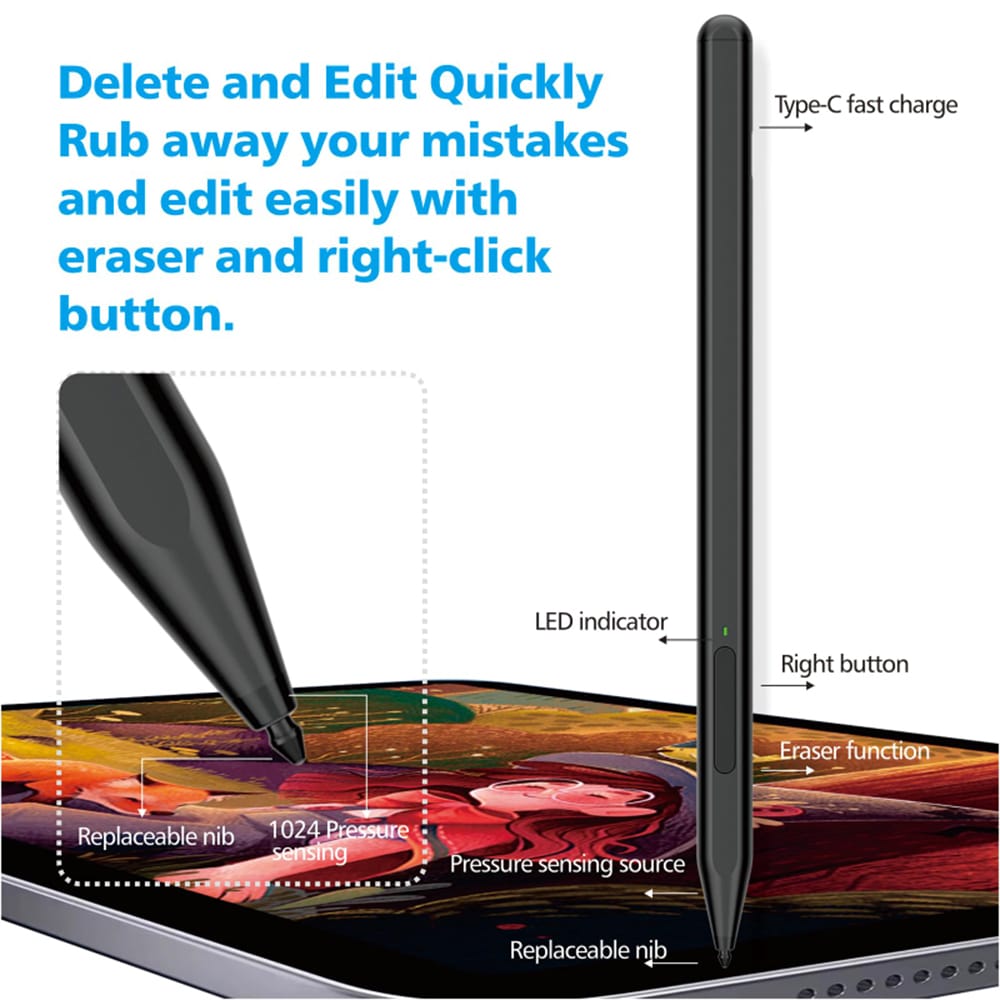 Techsuit stylus για tablet Microsoft Surface, απόρριψη παλάμης, πλευρική απορρόφηση, 90mAh, 5V, 0.2A - μαύρο - Image 5