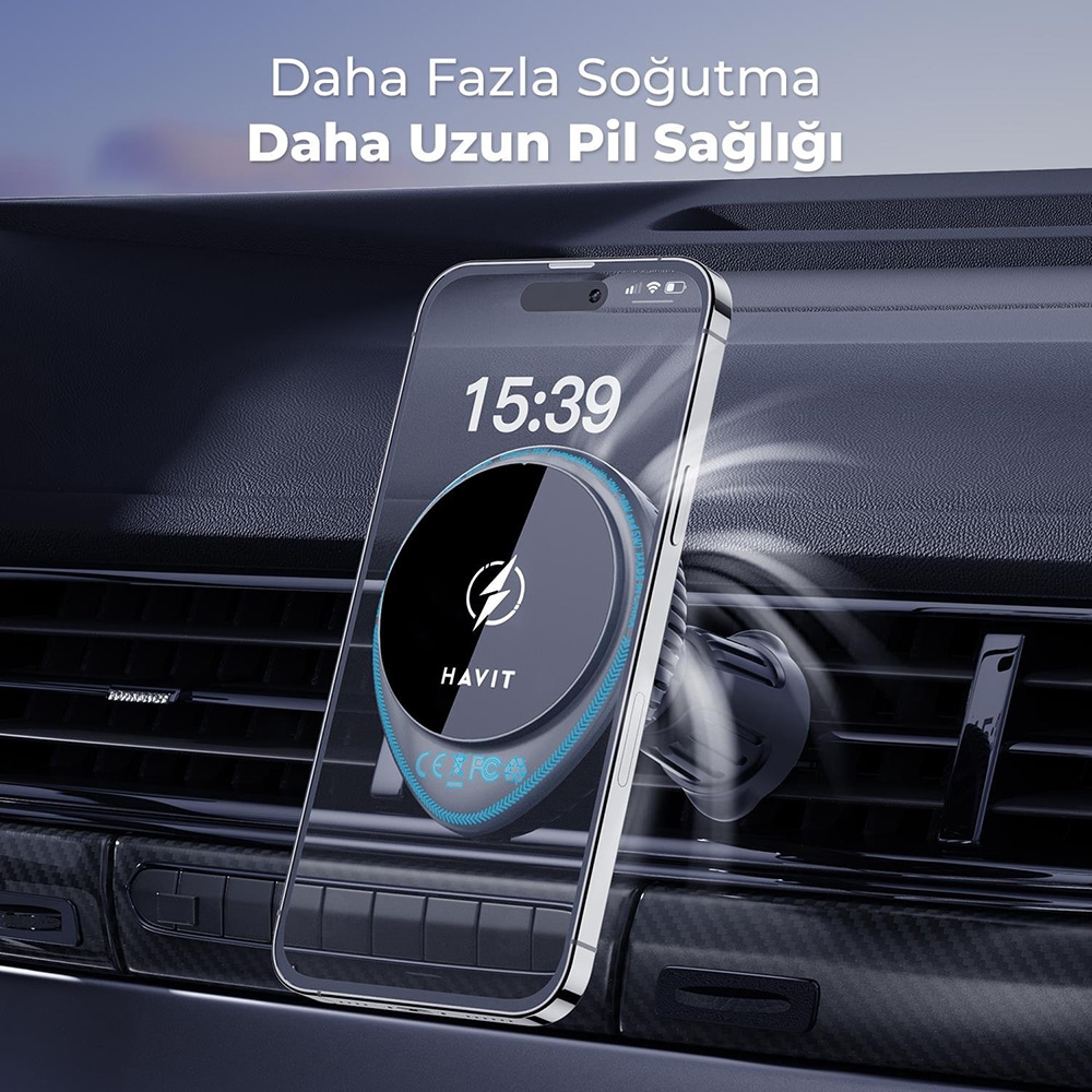 Havit - Car Holder With Wireless Charging (w3036) - With Cooler, For Air Vent, 15w - Black - Image 5