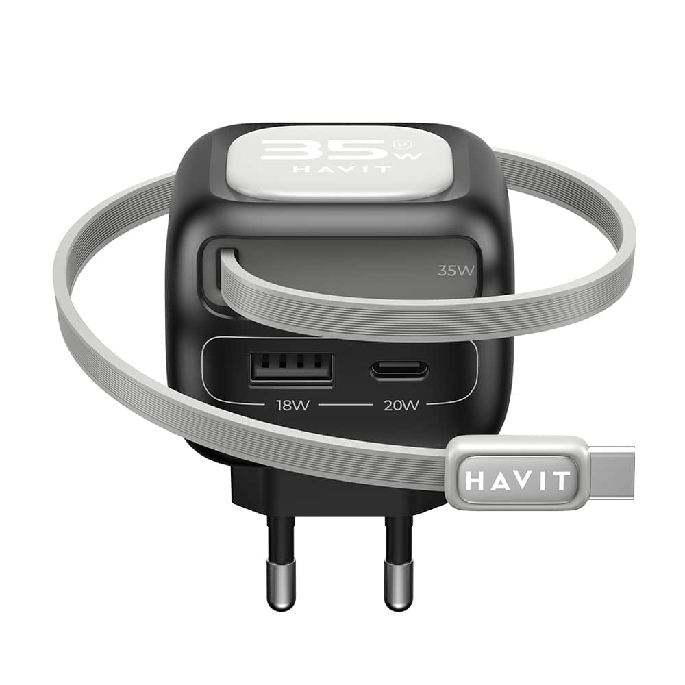 Havit - Wall Charger (uc251 Eu) - Type-C Retractable Καλώδιο, Type-C, USB, Gan, 35w - Black / Gray - Image 2