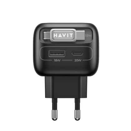 Havit - Wall Charger (uc251 Eu) - Type-C Retractable Καλώδιο, Type-C, USB, Gan, 35w - Black / Gray