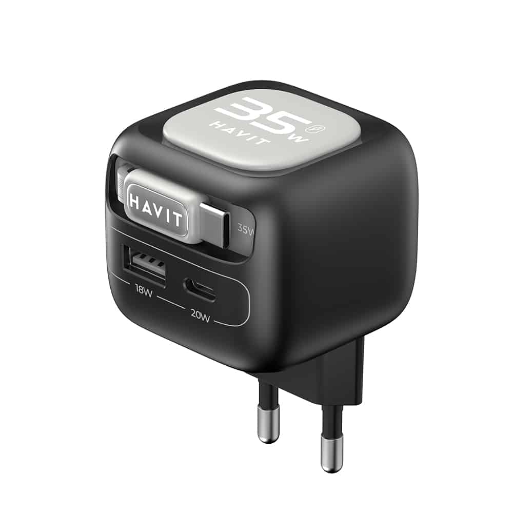 Havit - Wall Charger (uc251 Eu) - Type-C Retractable Καλώδιο, Type-C, USB, Gan, 35w - Black / Gray - Image 4