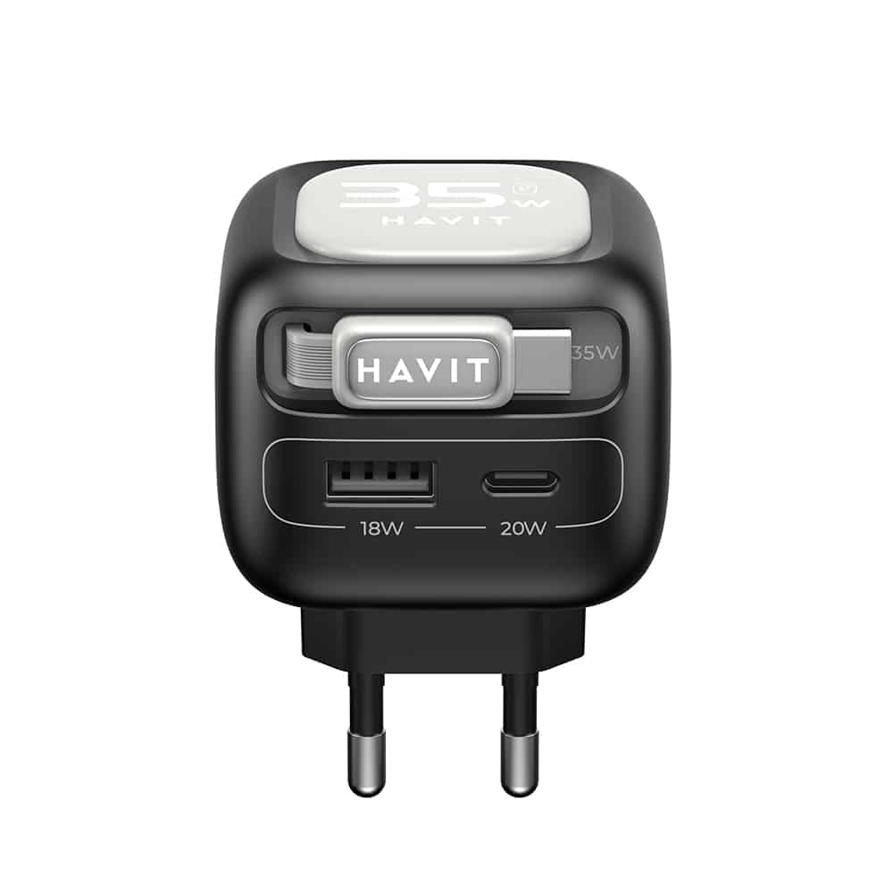 Havit - Wall Charger (uc251 Eu) - Type-C Retractable Καλώδιο, Type-C, USB, Gan, 35w - Black / Gray - Image 5