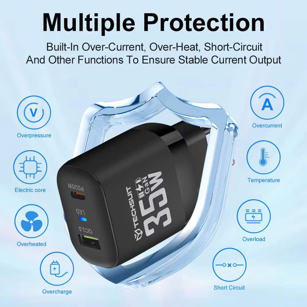 Techsuit - Premium τοίχου φορτιστής (CHPD174) - GaN, USB QC3.0, Type-C PD35W - Μαύρο - Image 7