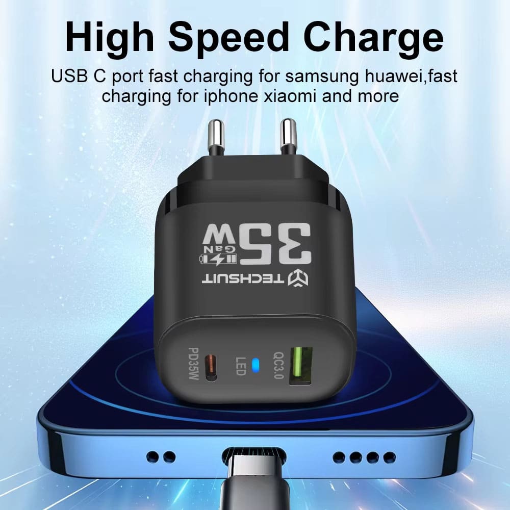 Techsuit - Premium τοίχου φορτιστής (CHPD174) - GaN, USB QC3.0, Type-C PD35W - Μαύρο - Image 6