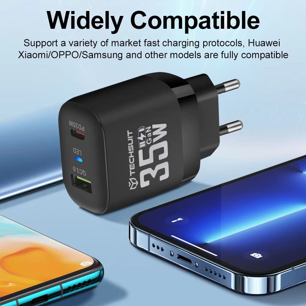 Techsuit - Premium τοίχου φορτιστής (CHPD174) - GaN, USB QC3.0, Type-C PD35W - Μαύρο - Image 3