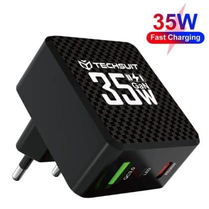 Techsuit - Premium τοίχου φορτιστής Tiny Series (CHPD173) - GaN, USB, Type-C, Γρήγορη φόρτιση, PD35W - Μαύρο