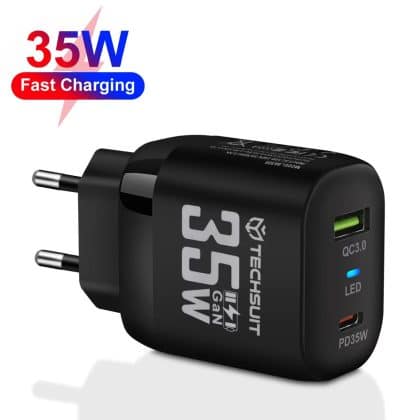 Techsuit - Premium τοίχου φορτιστής (CHPD174) - GaN, USB QC3.0, Type-C PD35W - Μαύρο