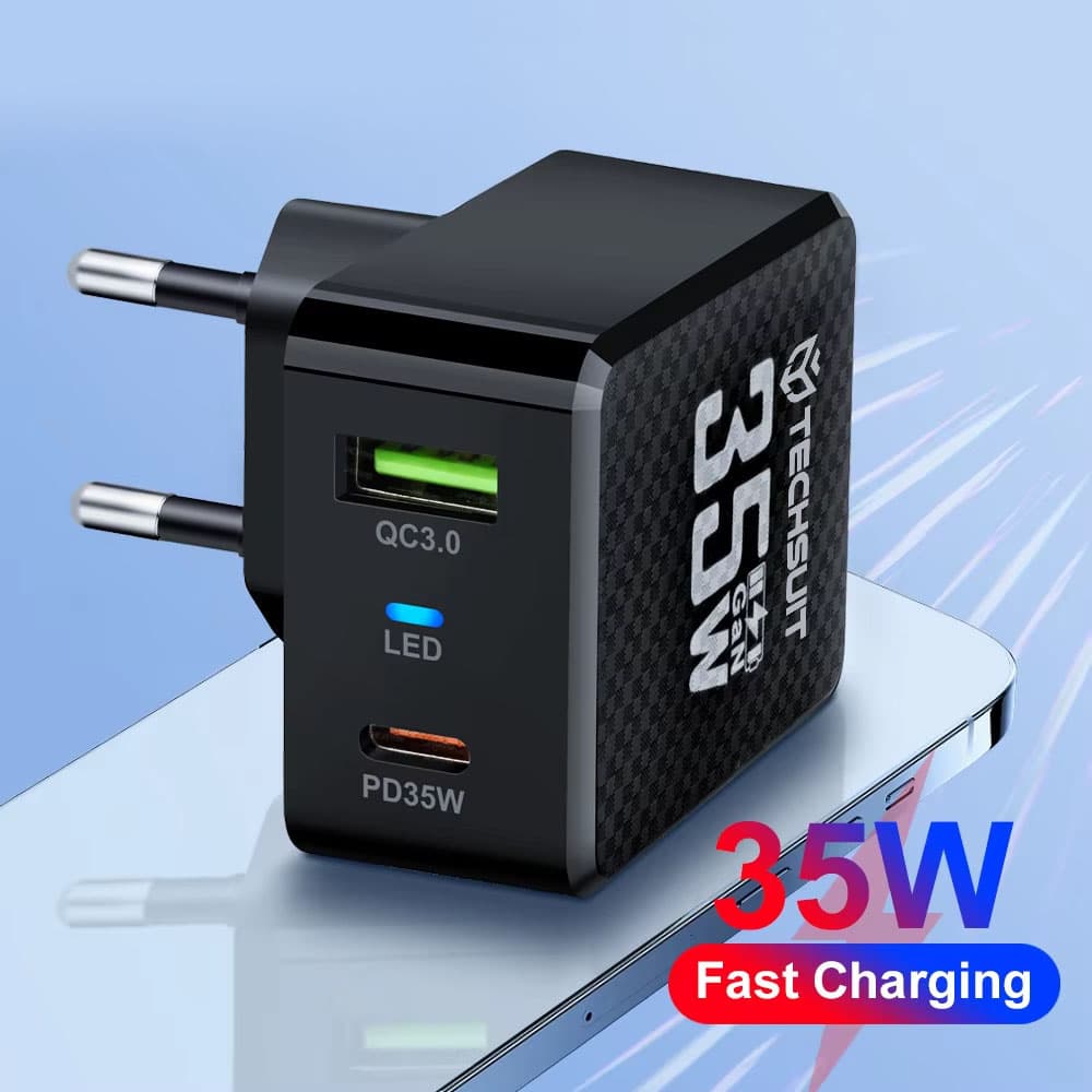 Techsuit - Premium τοίχου φορτιστής Tiny Series (CHPD173) - GaN, USB, Type-C, Γρήγορη φόρτιση, PD35W - Λευκό - Image 6