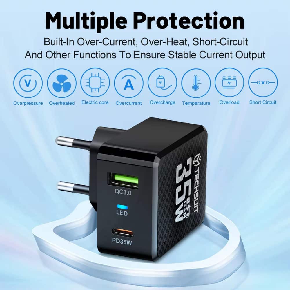 Techsuit - Premium τοίχου φορτιστής Tiny Series (CHPD173) - GaN, USB, Type-C, Γρήγορη φόρτιση, PD35W - Μαύρο - Image 4
