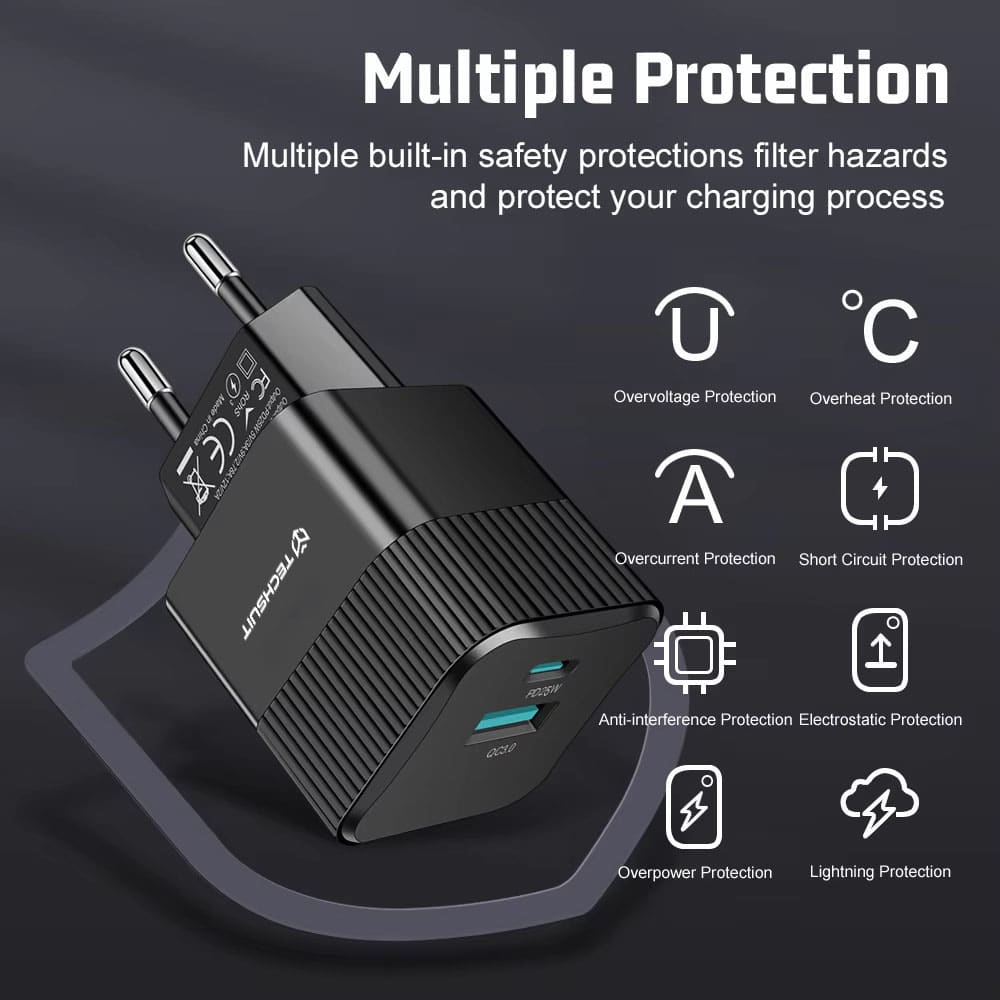 Techsuit - Premium τοίχου φορτιστής Tiny Series (CHPD216) - GaN, USB QC3.0, Type-C PD25W - Μαύρο - Image 7