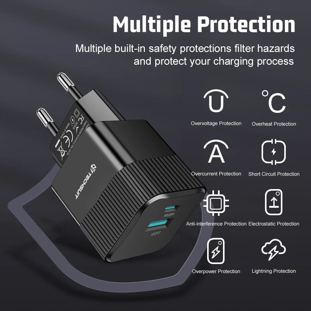 Techsuit - Premium τοίχου φορτιστής Tiny Series (CHPD216) - GaN, USB QC3.0, Type-C PD25W - Λευκό - Image 7