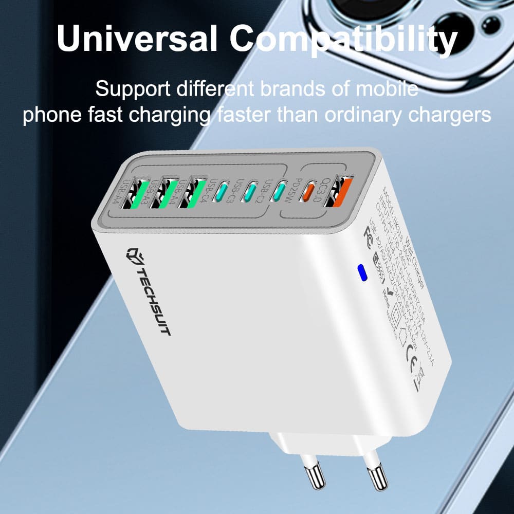 Techsuit - Φορτιστής τοίχου (CHPD224) - 4 x USB, 4 x Type-C, Γρήγορη φόρτιση, 65W - Μαύρο - Image 5