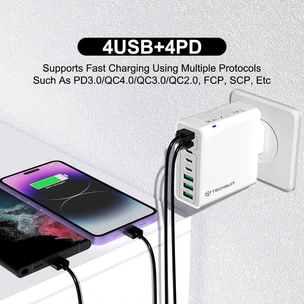 Techsuit - Φορτιστής τοίχου (CHPD224) - 4 x USB, 4 x Type-C, Γρήγορη φόρτιση, 65W - Μαύρο - Image 3
