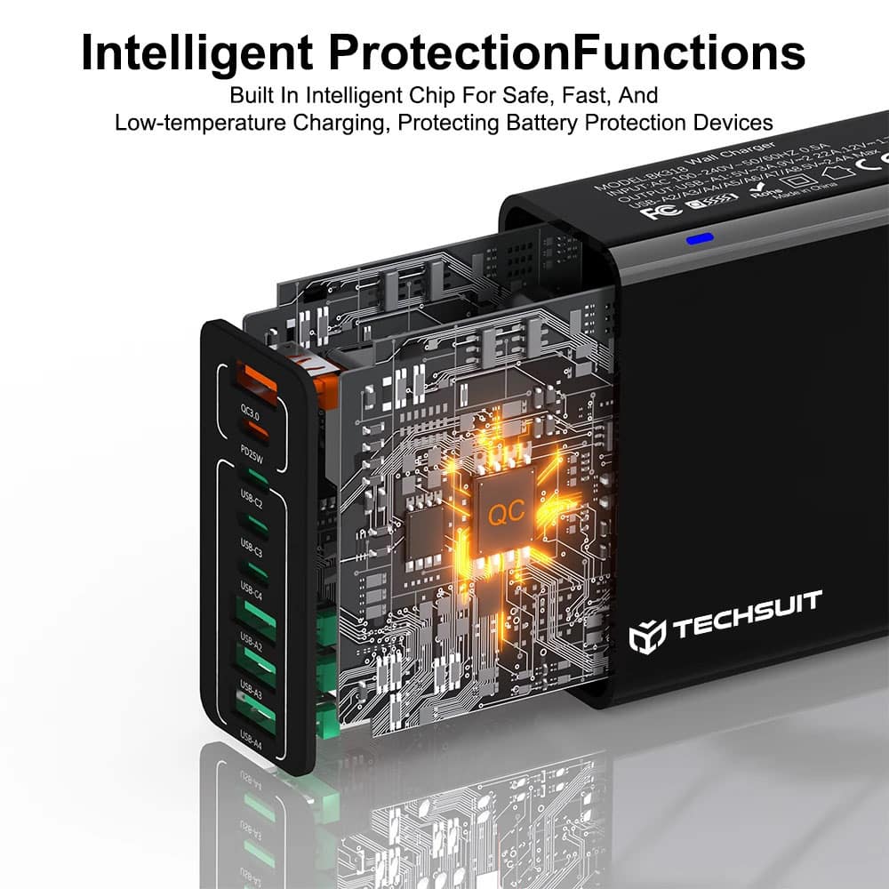 Techsuit - Φορτιστής τοίχου (CHPD224) - 4 x USB, 4 x Type-C, Γρήγορη φόρτιση, 65W - Μαύρο - Image 2