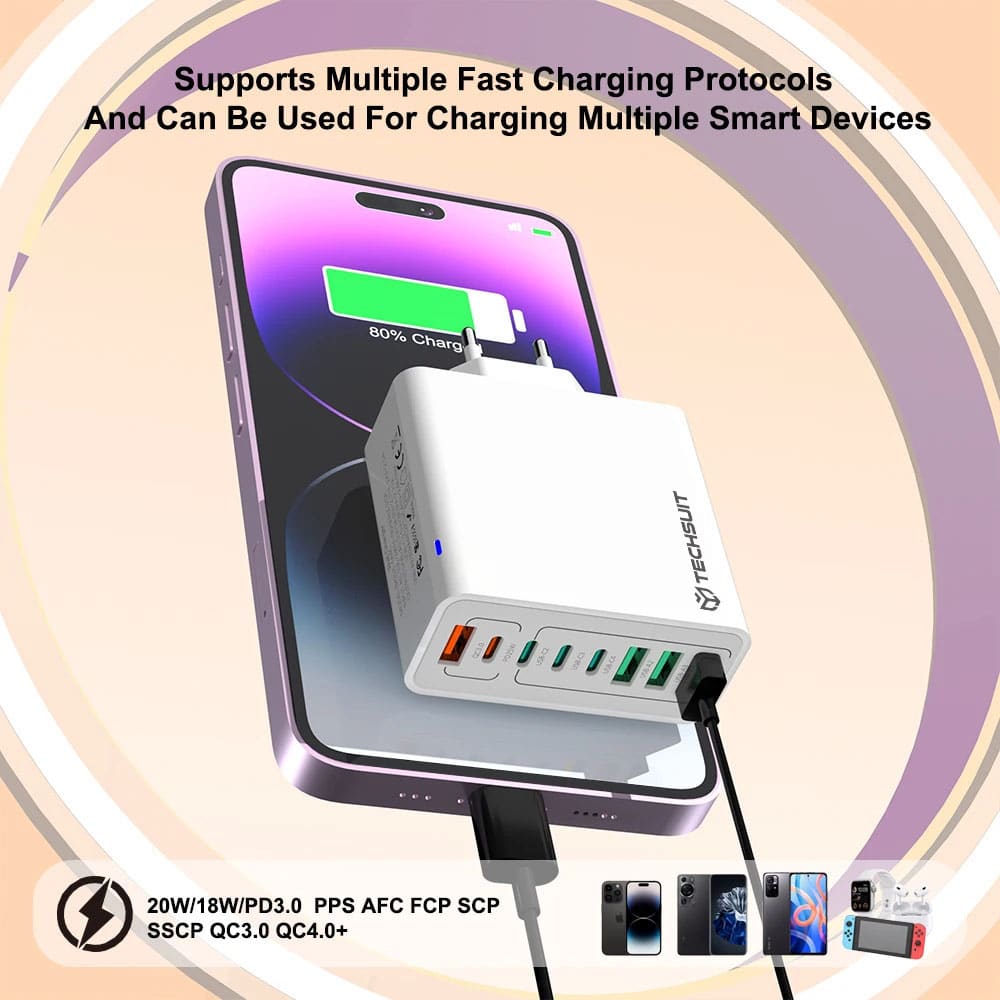 Techsuit - Φορτιστής τοίχου (CHPD224) - 4 x USB, 4 x Type-C, Γρήγορη φόρτιση, 65W - Λευκός - Image 4
