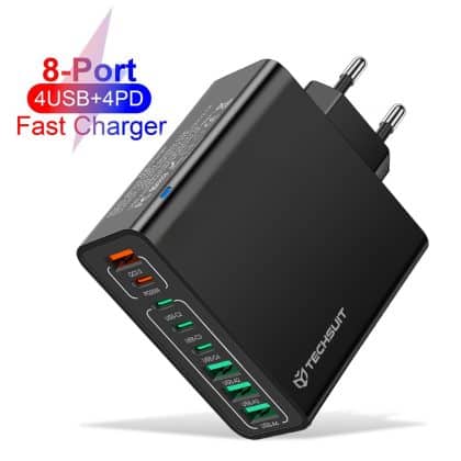 Techsuit - Φορτιστής τοίχου (CHPD224) - 4 x USB, 4 x Type-C, Γρήγορη φόρτιση, 65W - Μαύρο
