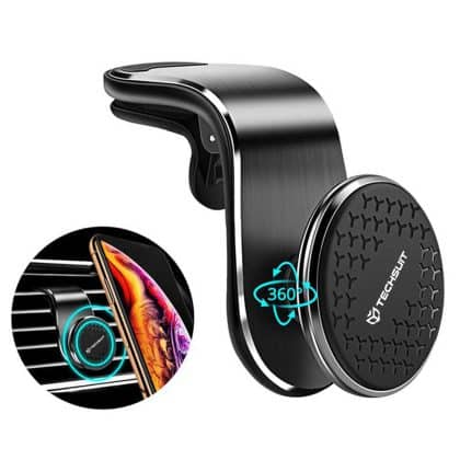 Techsuit - Βάση Αυτοκινήτου AirGrip (S8) - Σε σχήμα καταρράκτη, Μαγνητική λαβή ασφαλείας N52, για αεραγωγό, Λαβή με σφιγκτήρα - Μαύρο / Ασημί