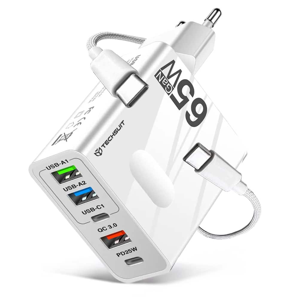Techsuit - Φορτιστής τοίχου Premium PentaXPower (CHC1) - Περιλαμβάνεται καλώδιο Type-C, 3x USB, 2x Type-C PD 25W, 65W, GaN, 1m - Λευκό - Image 2