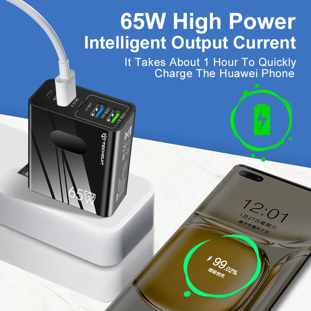 Techsuit - Φορτιστής τοίχου Premium PentaXPower (CHC1) - Περιλαμβάνεται καλώδιο Type-C, 3x USB, 2x Type-C PD 25W, 65W, GaN, 1m - Λευκό - Image 6