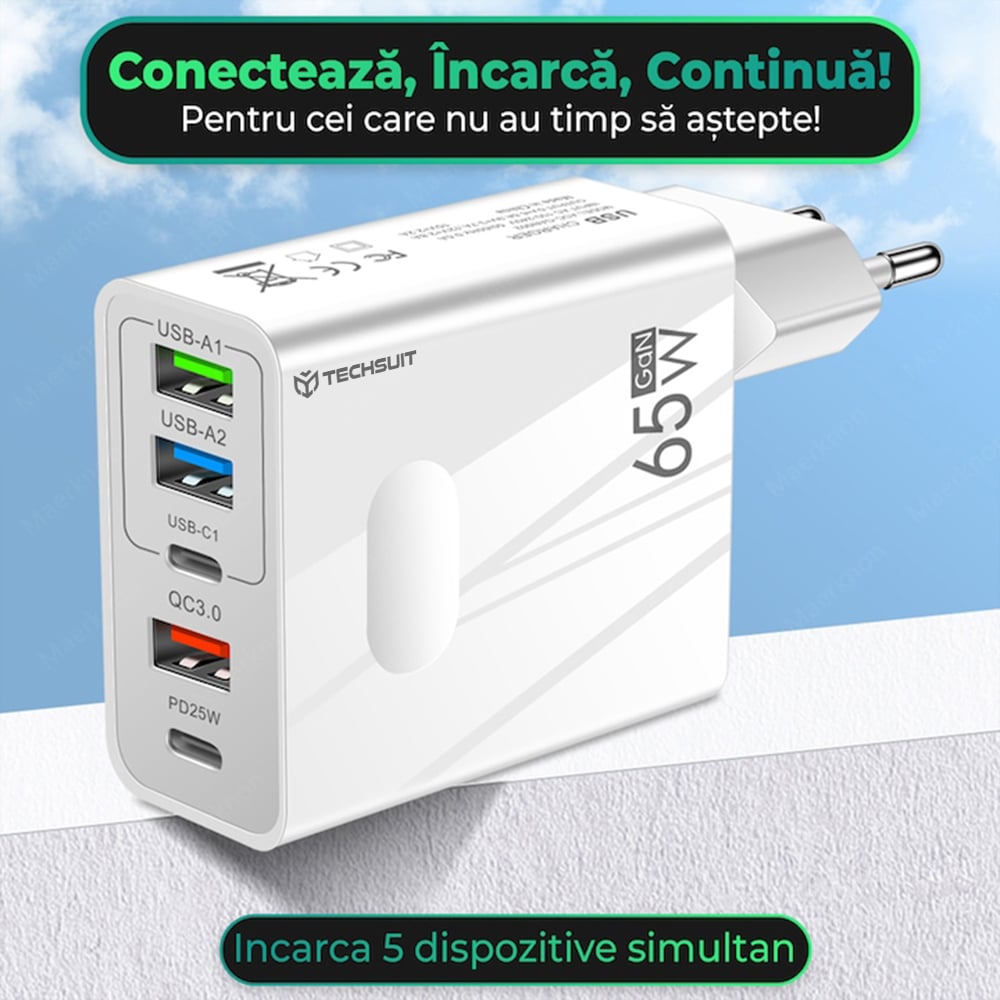 Techsuit - Φορτιστής τοίχου Premium PentaXPower (CHC1) - Περιλαμβάνεται καλώδιο Type-C, 3x USB, 2x Type-C PD 25W, 65W, GaN, 1m - Λευκό - Image 3