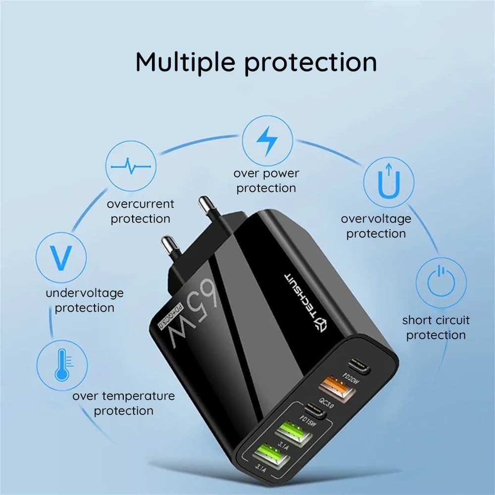 Techsuit - Φορτιστής τοίχου Premium PentaXPower (CHC2) - Περιλαμβάνεται καλώδιο Type-C, 3x USB QC 3.0, 2x Type-C PD 20W, 65W, 1m - Μαύρο - Image 6