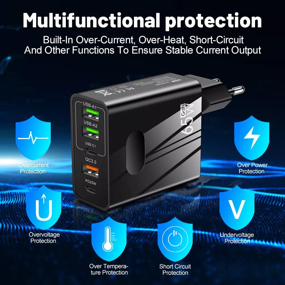 Techsuit - Φορτιστής τοίχου Premium PentaXPower (CHC1) - 3x USB, 2x Type-C PD 25W, 65W, GaN, Γρήγορη φόρτιση - Μαύρο - Image 4