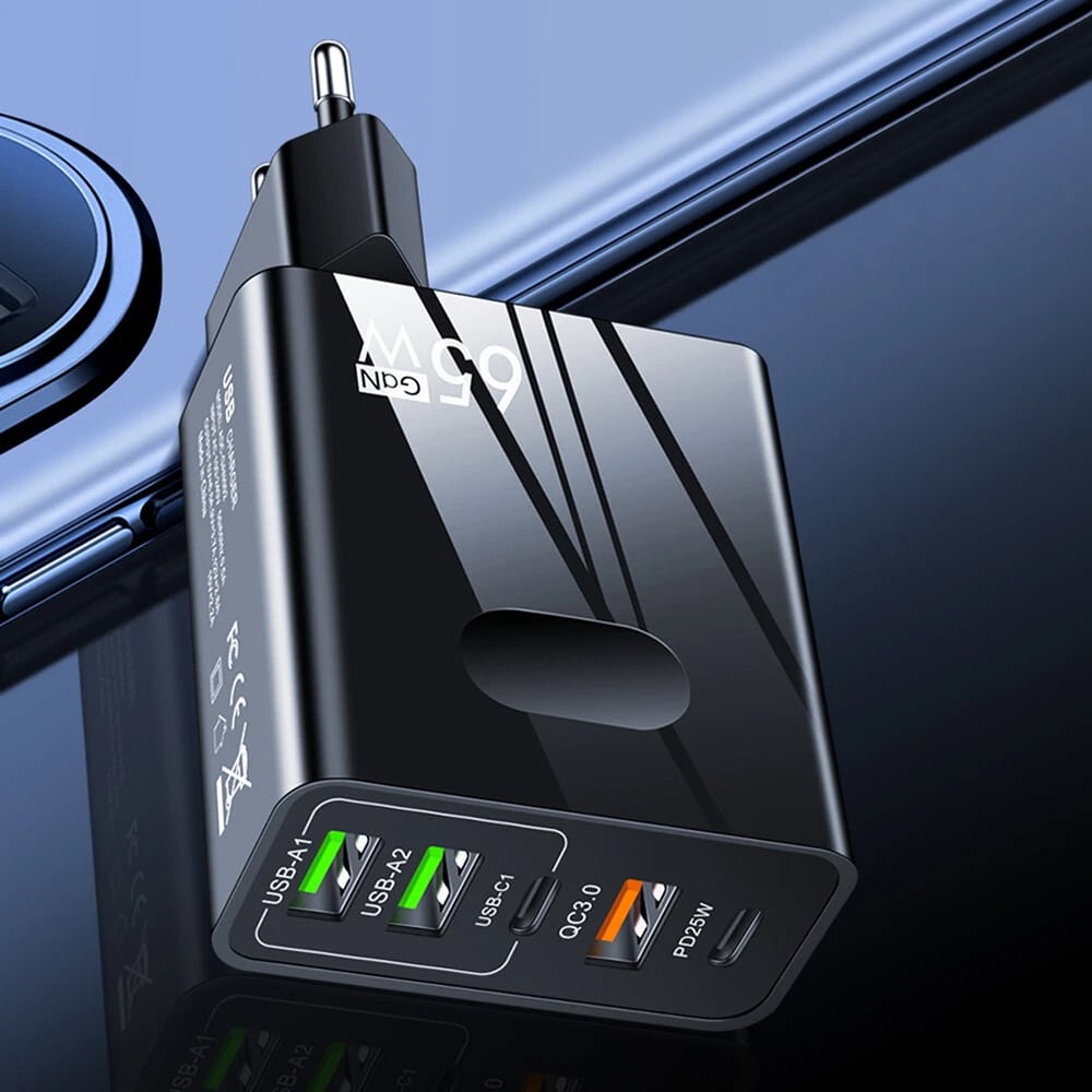 Techsuit - Φορτιστής τοίχου Premium PentaXPower (CHC1) - 3x USB, 2x Type-C PD 25W, 65W, GaN, Γρήγορη φόρτιση - Μαύρο - Image 3