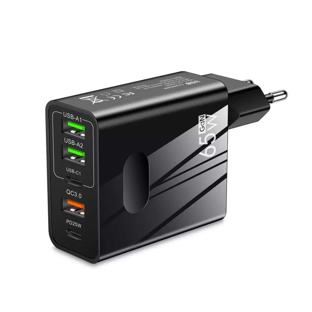 Techsuit - Φορτιστής τοίχου Premium PentaXPower (CHC1) - 3x USB, 2x Type-C PD 25W, 65W, GaN, Γρήγορη φόρτιση - Μαύρο - Image 2