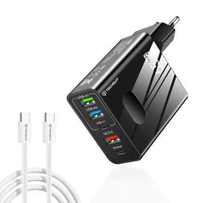 Techsuit - Φορτιστής τοίχου Premium PentaXPower (CHC1) - Περιλαμβάνεται καλώδιο Type-C, 3x USB, 2x Type-C PD 25W, 65W, GaN, 1m - Μαύρο